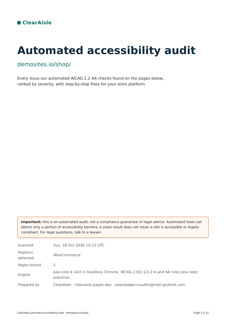 Report cover: Automated accessibility audit for demosites.io/shop, with disclaimer and scan details