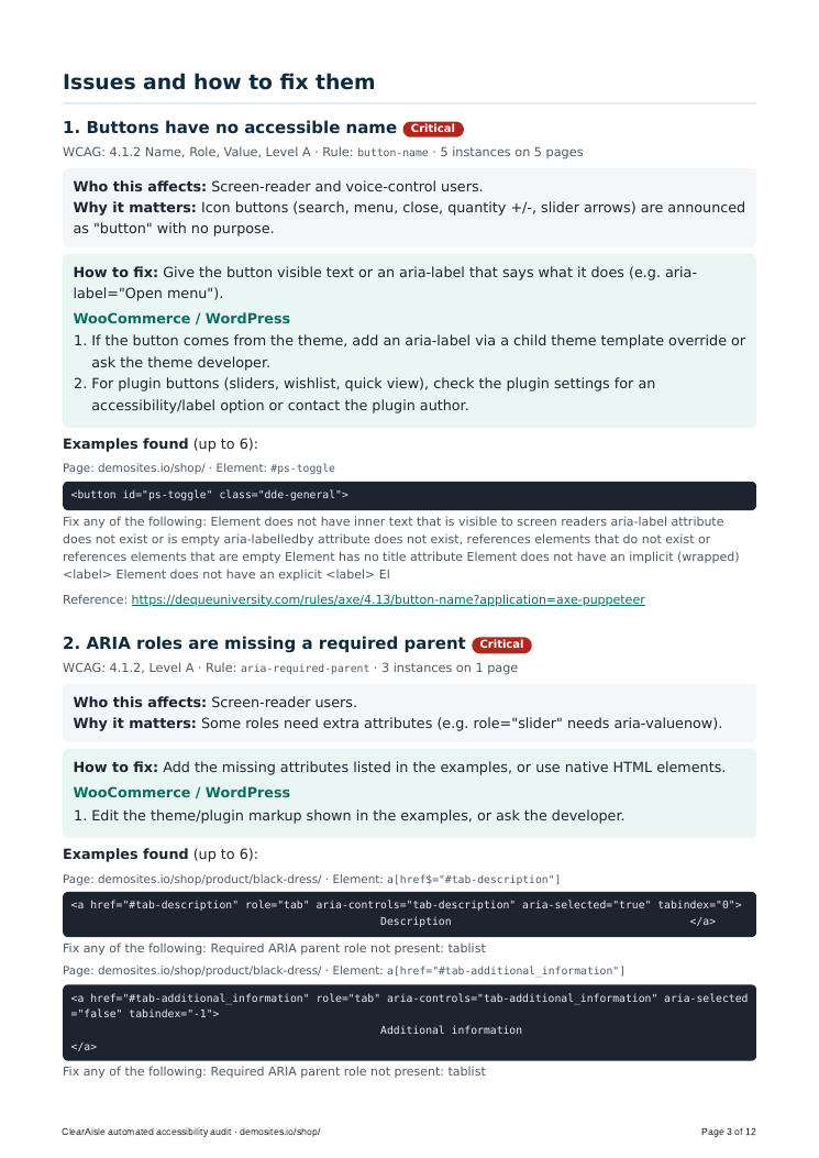 Report issue page: each issue with who it affects, how to fix it, platform steps and code examples